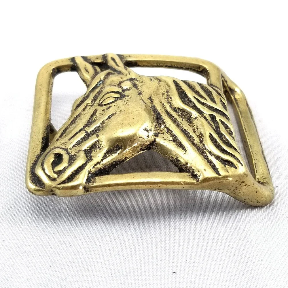 Belt Buckle Solid Brass Horse Head Riding Cowboy Western‎ Gold Color Gift